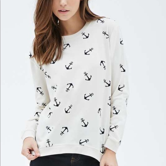 F21 Nautical Anchor Navy White Sweatshirt Top Sm - Picture 1 of 3